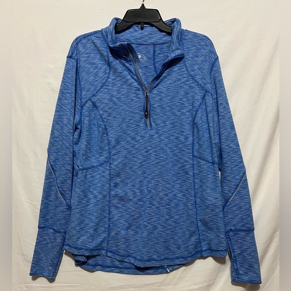 Women’s Tangerine Blue And White Striped Athletic Pullover With 1/4 Zip Closure